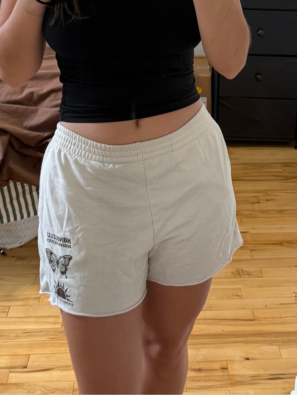 White Women's Elastic Waist Casual Shorts with Black Graphics